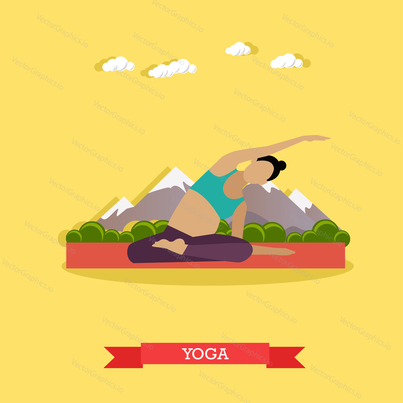 Pregnant girl practicing yoga and stretching on the mat, outdoor. Yoga practice for healthy pregnancy. Active healthcare lifestyle. Vector illustration in flat design