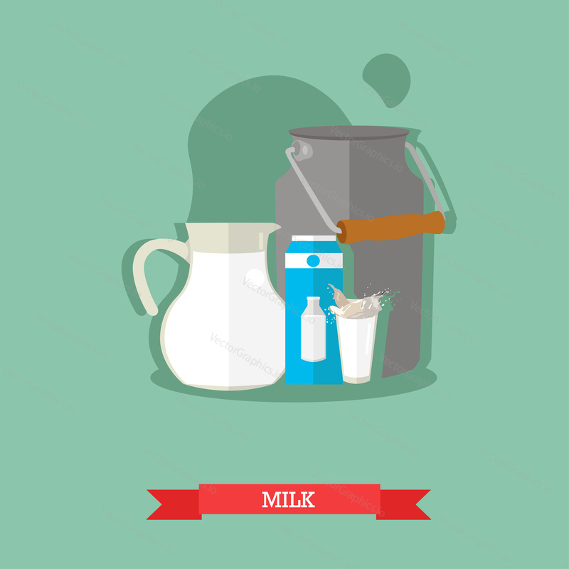 Vector illustration of milk jug, can, a carton with a picture of a milk bottle and a glass with a splash of milk. Popular natural drink. Flat design