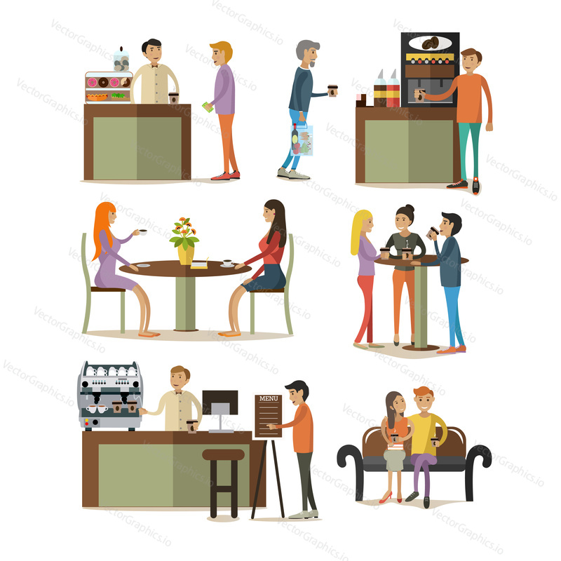 Vector set of coffee room design elements, icons, isolated on white background. Coffee room interior, coffee making equipment, working people and visitors in flat style.