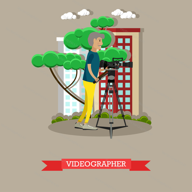 Vector illustration of videographer with video camera on tripod. Professional cameraman character. Mass media jobs concept design element in flat style.
