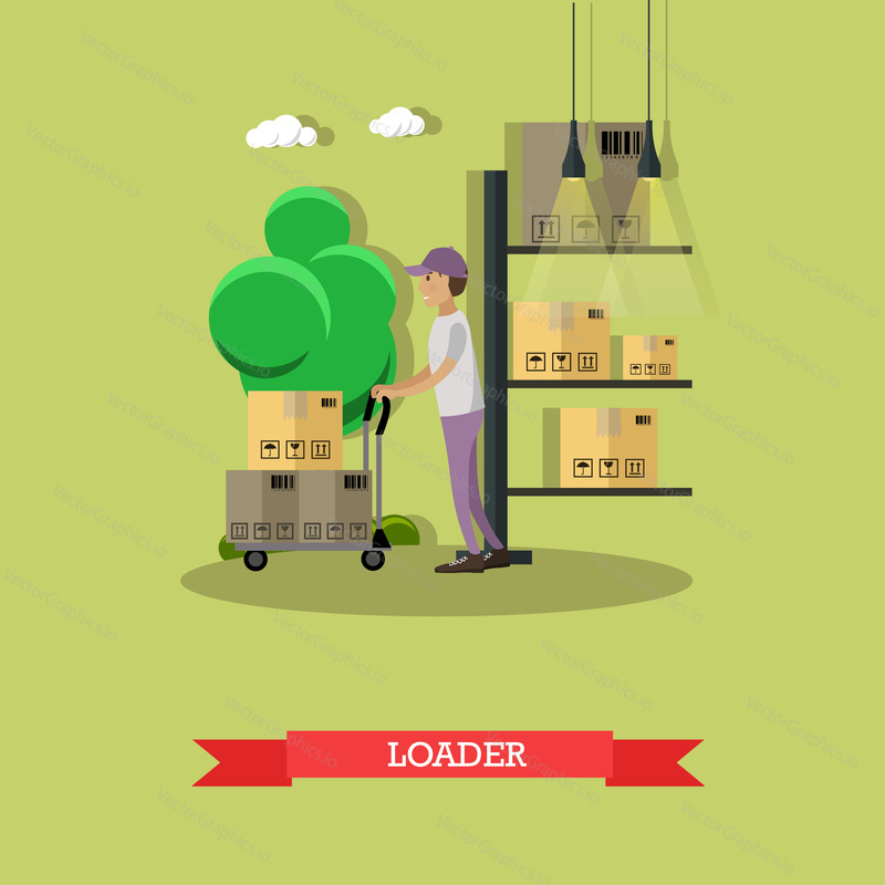 Man load parcels. Logistic and delivery service concept banner. Warehouse workers. Vector illustration in flat style design. Delivery man working in warehouse and shipping products.