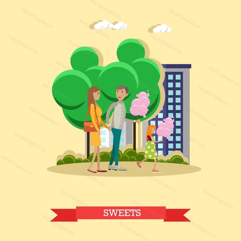 Vector illustration of father, mother holding hands and their daughter with cotton candy. Cartoon characters. Amusement park, recreation concept design element in flat style.
