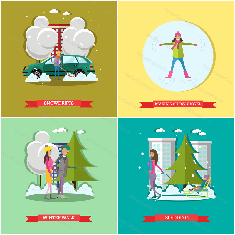 Vector set of winter time concept posters, banners. Snowdrifts, Making snow angel, Winter walk and Sledding design elements in flat style.