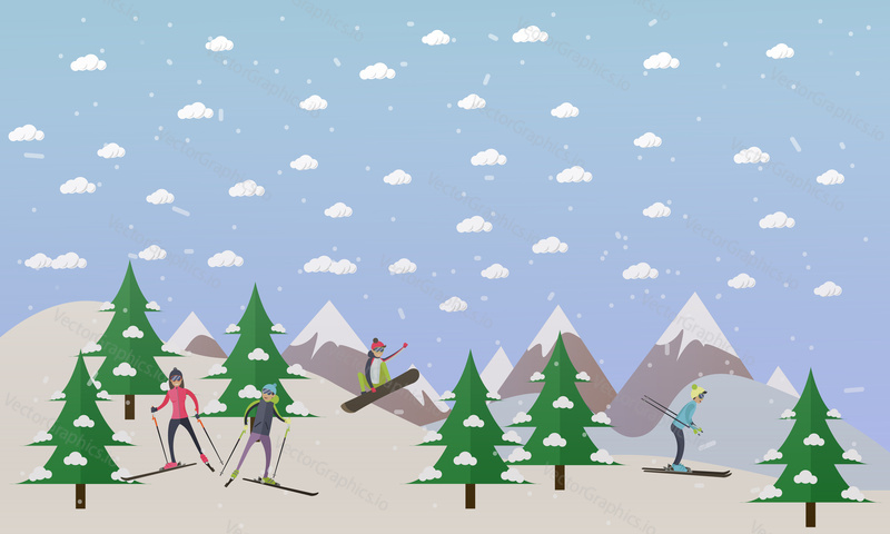 Vector illustration of ski track and people skiing. Skiers, cartoon characters. Mountain landscape. Winter sports and recreation concept design element in flat style.