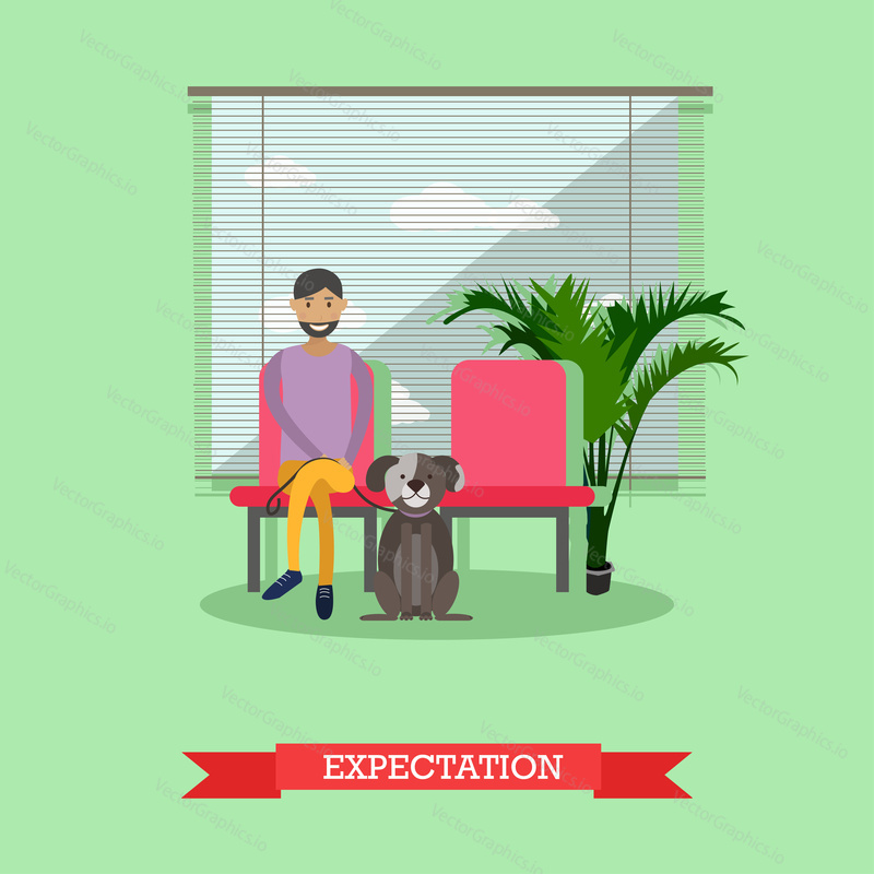 Vector illustration of man sitting in waiting hall with his pet dog. He is expecting for visiting doctor. Vet clinic services concept design element in flat style.