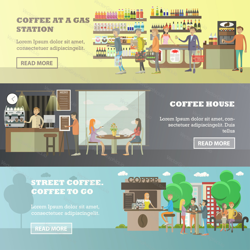 Vector set of horizontal banners with Coffee at a gas station, Coffee house, Street coffee concept design elements in flat style.