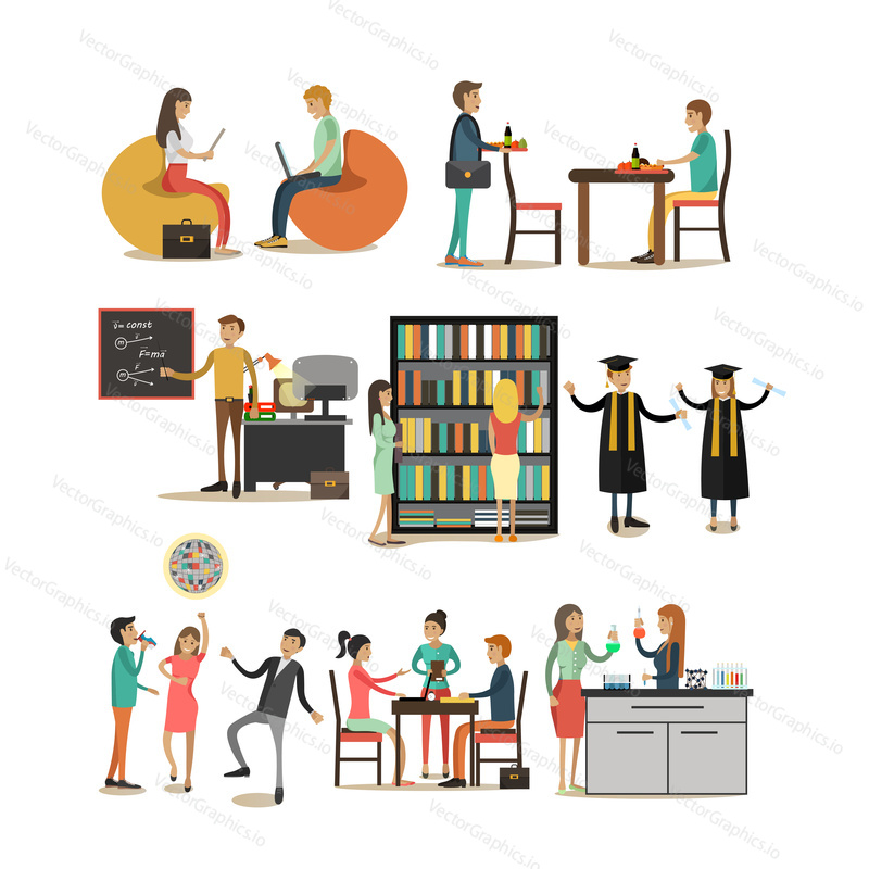 Vector set of university people icons in flat style, Students and teachers in classroom, cafe, library, laboratory, disco party design elements in flat style.