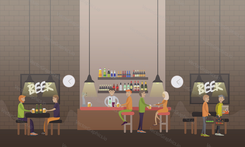 Vector illustration of people drinking beer. Brasserie concept design element in flat style.