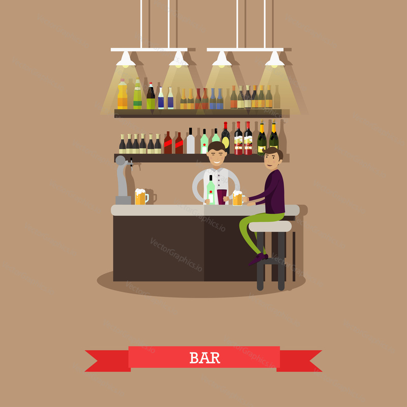 Visitors drink beer in a bar. Restaurant interior - stock vector.