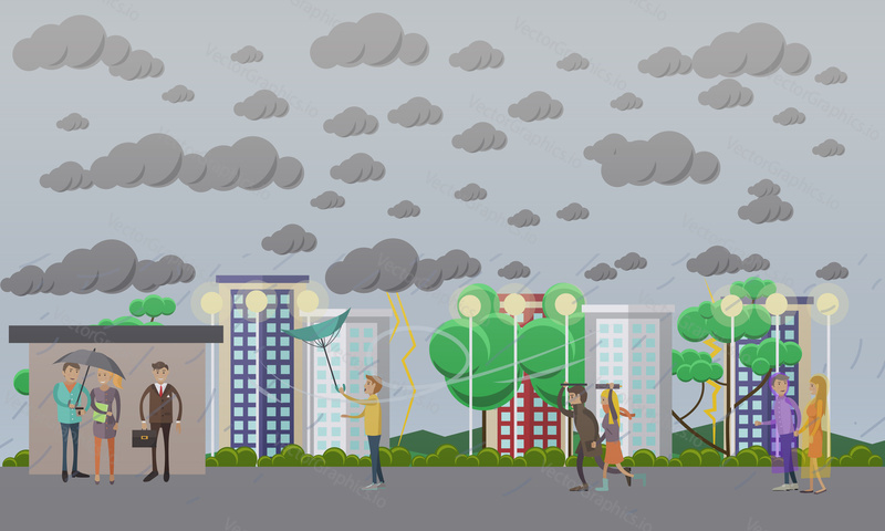 Storm, windy and rainy weather concept vector illustration in flat style. People running away from heavy rain, thunderstorm, lightning and waiting for bus at bus stop.