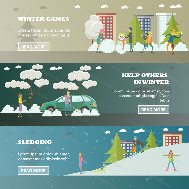 Vector set of winter people activities concept horizontal banners in flat style. Winter games, Help others in winter, Sledging design elements.