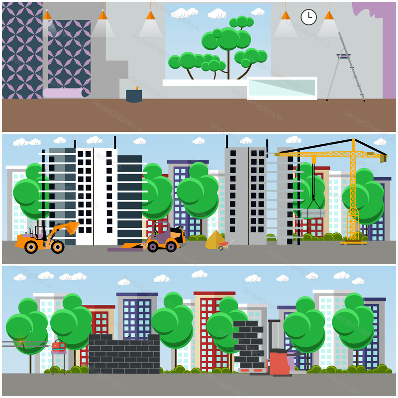 Vector set of construction interior concept posters, banners. Construction site and machinery, repairing house interior design elements in flat style.