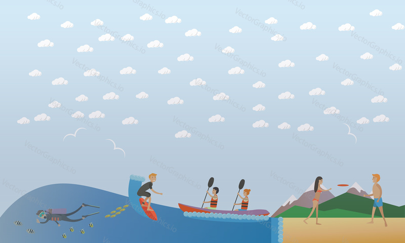 Vector illustration of surfer riding on ocean wave, diver underwater, people paddling, playing frisbee. Beach activity, extreme water sports, outdoor games concept design element in flat style.