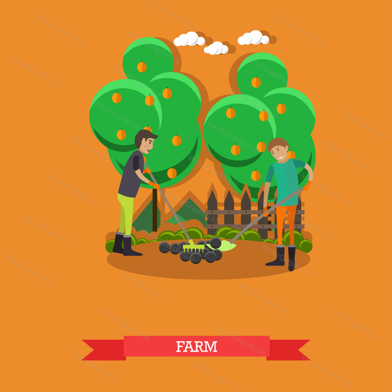 Farm concept vector illustration in flat style. Gardeners men tilling, digging soil with garden tools.
