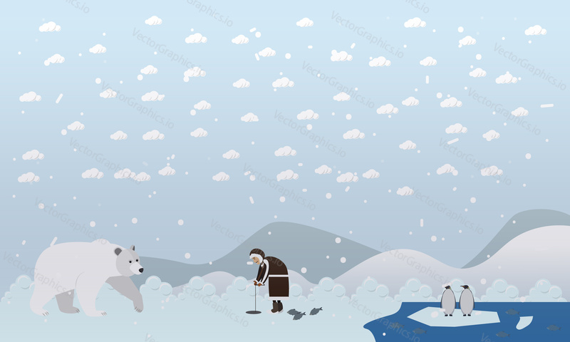Vector illustrations of arctic landscape, eskimo man fishing, polar bear coming near him and penguins on ice. Flat style design elements.