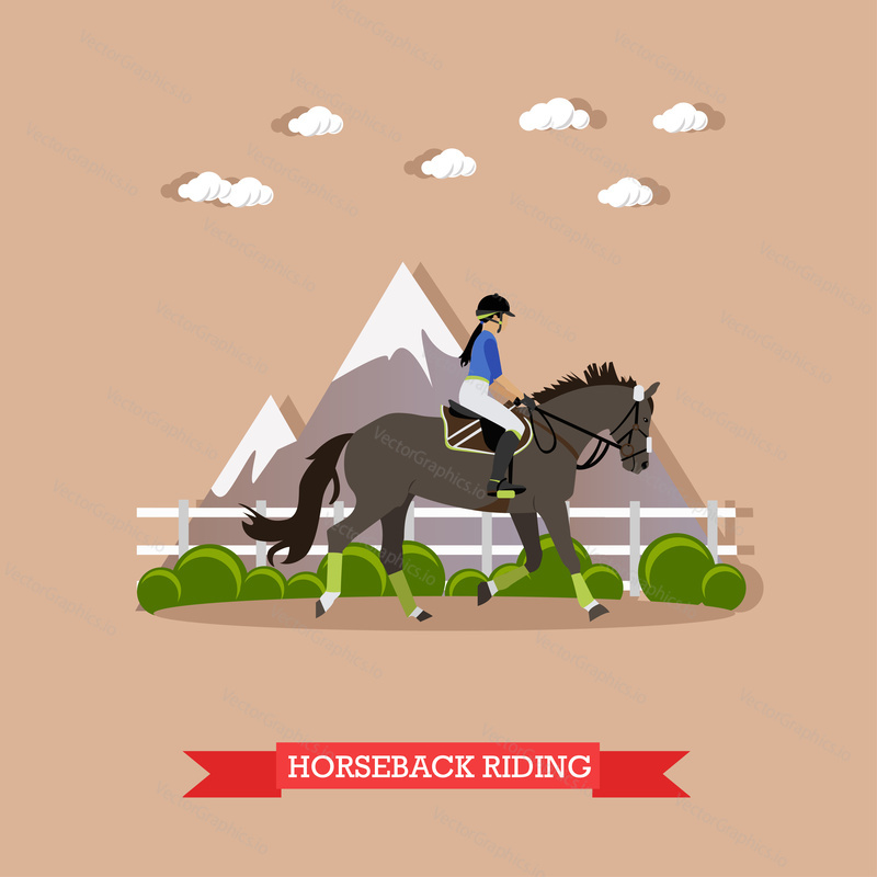 Young girl jockey riding horse in the saddle with helmet and hold bridle. Horse dressage, doing exercise and showing skills. Side view, vector illustration in flat design style