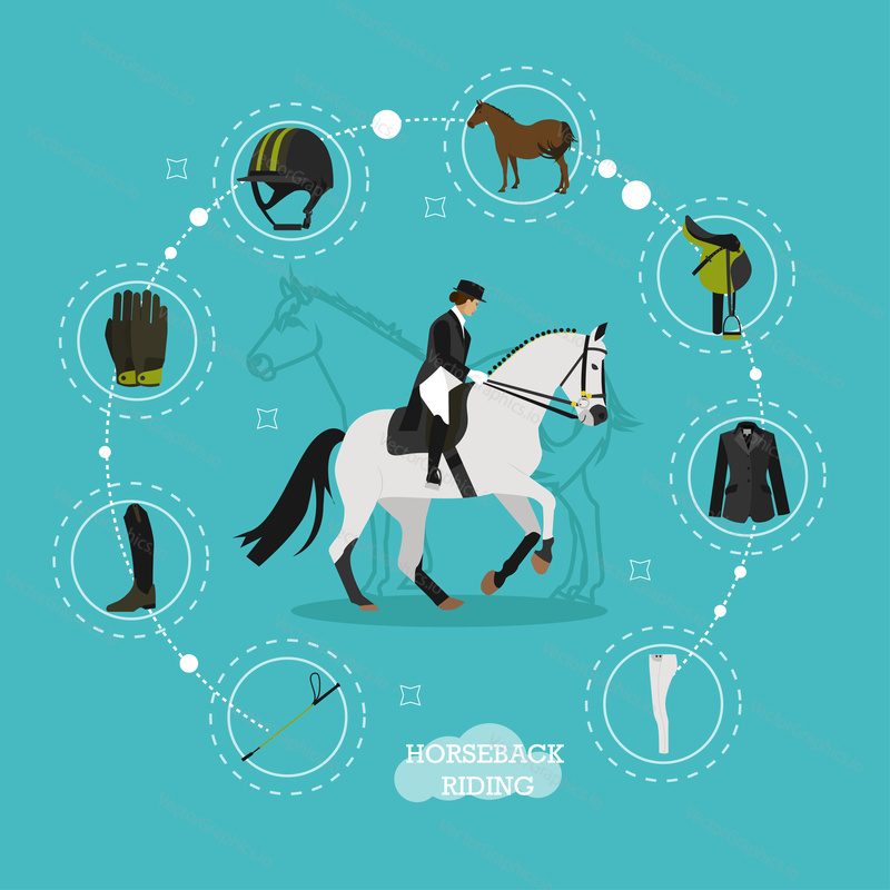 Vector concept illustration on horse riding theme with set icons, whip, jockey boots, gloves and helmet, horse, saddle and equipment. Equestrian sport. Flat design.