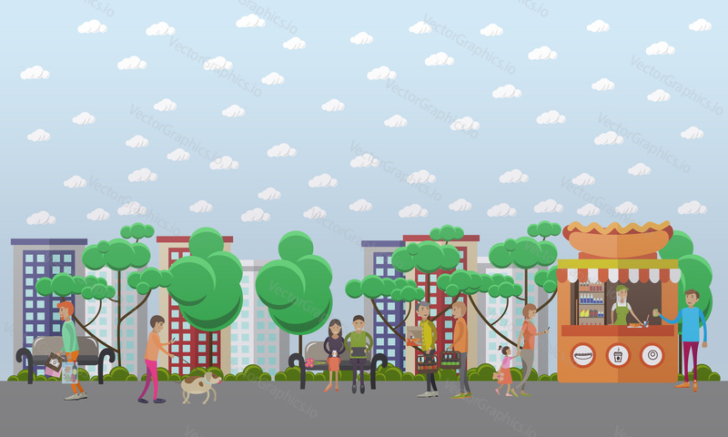 Vector illustration of people walking in the street and making use of various gadgets. Modern gadgets for daily life concept design element in flat style.