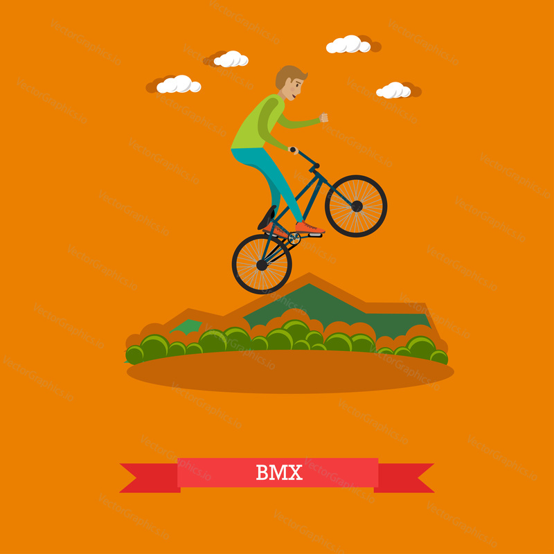 Vector illustration of boy riding bmx bike. Freestyle rider performing a jump based stunt. Sport bicycle for stunt riding concept design element in flat style.