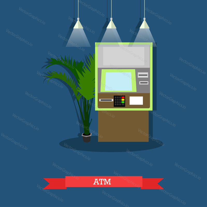 Vector illustration of ATM. Automated teller machine, automatic cash terminal, cash dispenser. Banking and technology concept design element in flat style