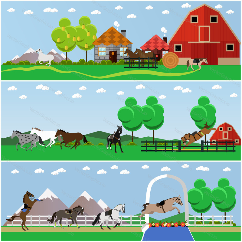 Vector set of horse riding, taming horses and farming concept banners, posters, flat style.