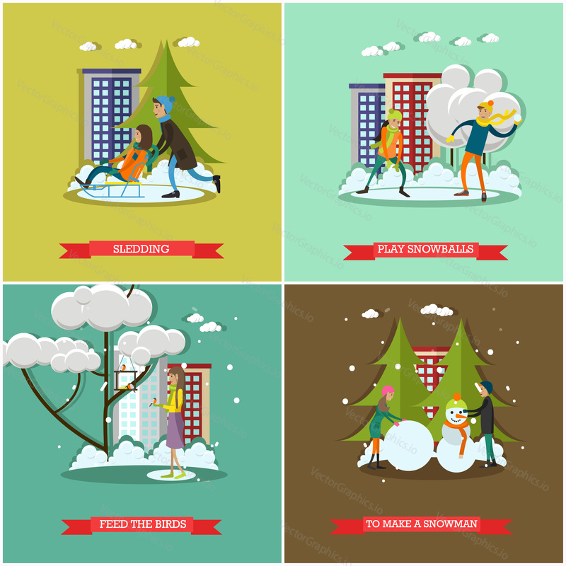 Vector set of winter people activities concept posters in flat style. Sledding, Play snowballs, Feed the birds, To make a snowman design elements. Winter cityscape.