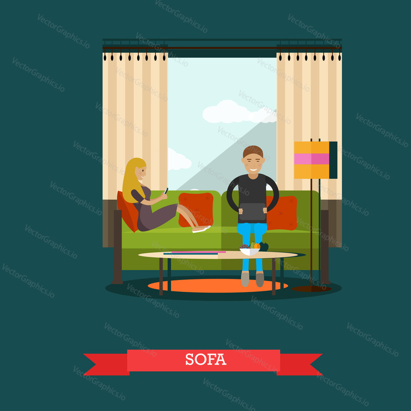 Vector illustration of couple young man and woman sitting on sofa in living room and making use of smartphone or cell phone, laptop. Modern gadgets for daily life concept design element in flat style.