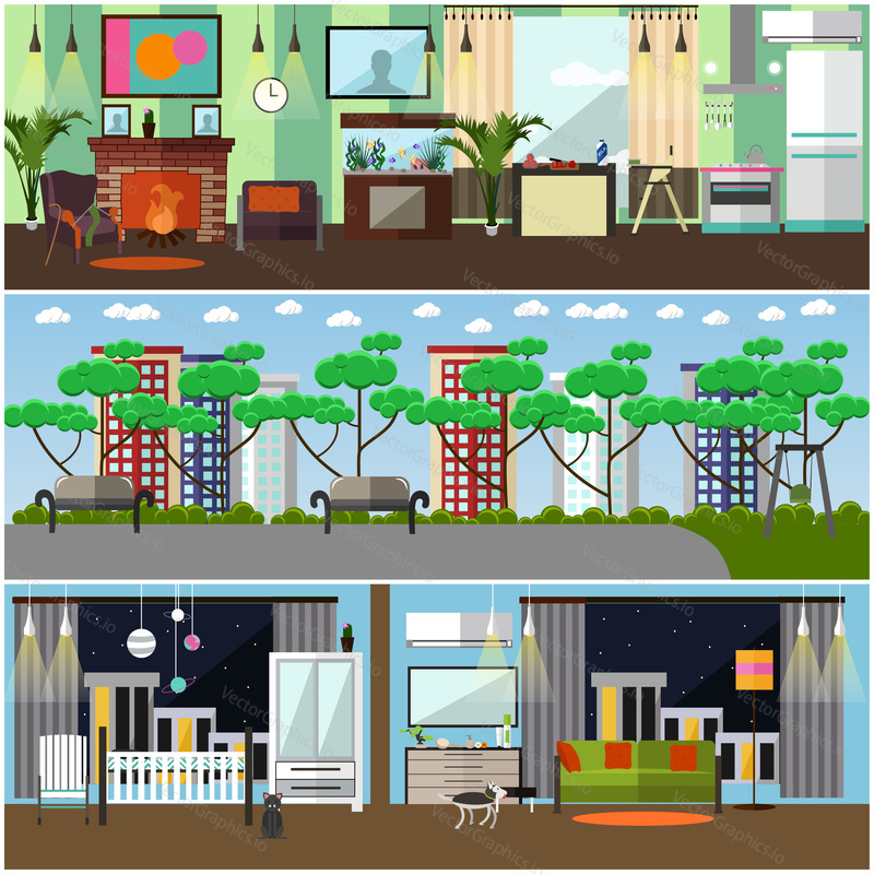 Vector set of family interior concept design elements in flat style. Home interior, park, playground.