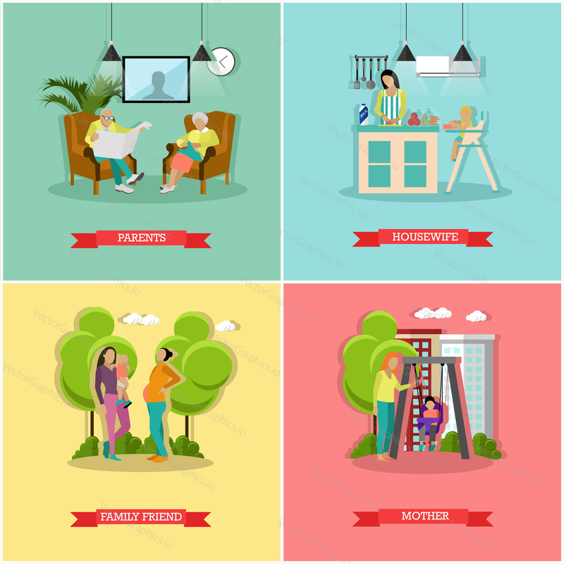 Vector set of family and housewife concept banners, posters. Parents, mother, child, family friend, housewife design elements in flat style.