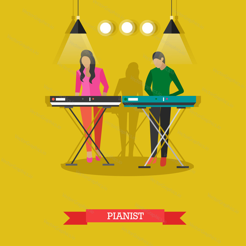 Boy and girl playing electric piano on stage. Young people playing musical instruments, vector illustration in flat style.