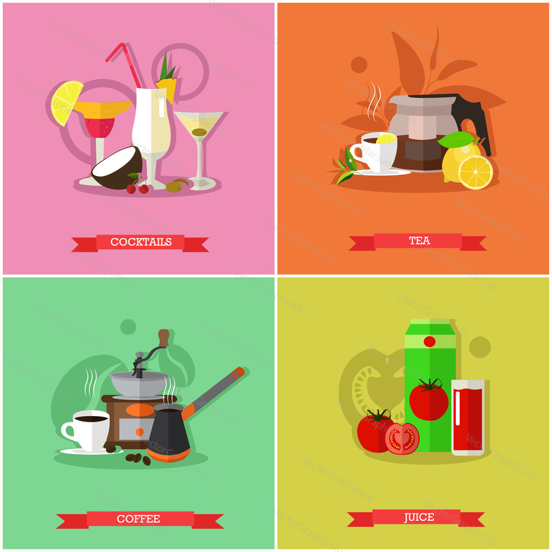Vector set of popular drinks. Strong coffee, hot tea, alcoholic cocktails and tomato juice. Favorite nonalcoholic beverages. Flat design