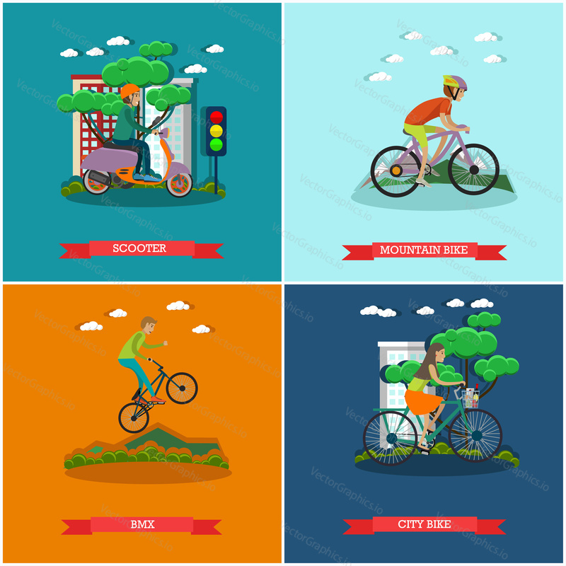 Vector set of bicycle types posters. Scooter, Bmx, Mountain bike and City bike concept design elements in flat style.
