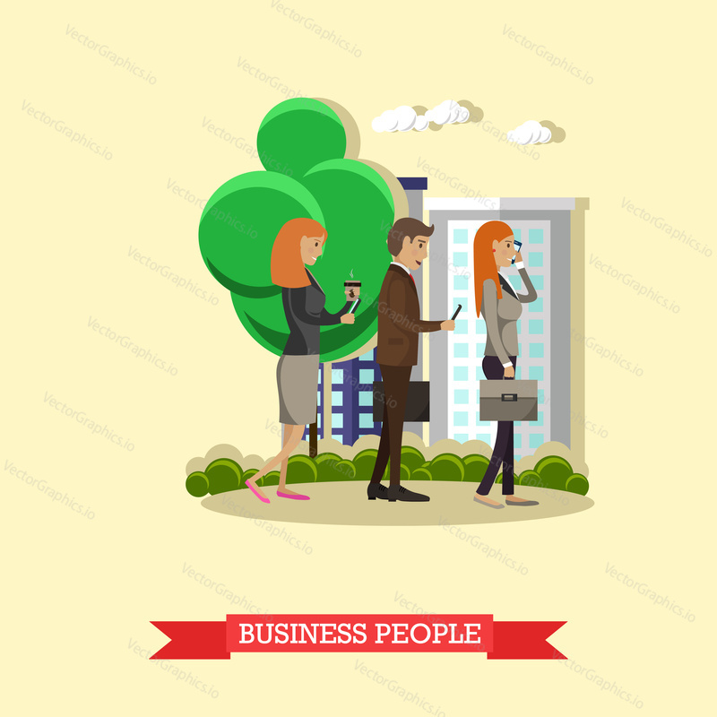 Vector illustration of people walking in the street or in the park and making use of cell phones or smart phones. Business people and modern gadgets concept design element in flat style.