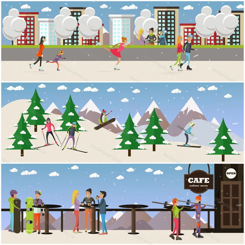 Vector set of people skating, skiing and having rest at cafe on mountain. Winter cityscape, mountain landscape and cafe on mountain peak backgrounds. Active winter people concept posters in flat style