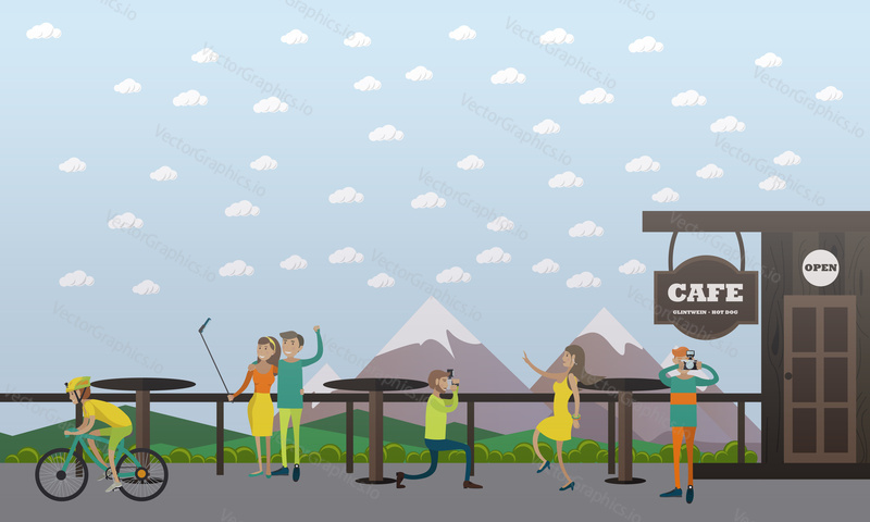 Vector illustration of photographers taking photo of woman and nature, couple taking selfie in cafe on the mountain. Photo concept design element in flat style