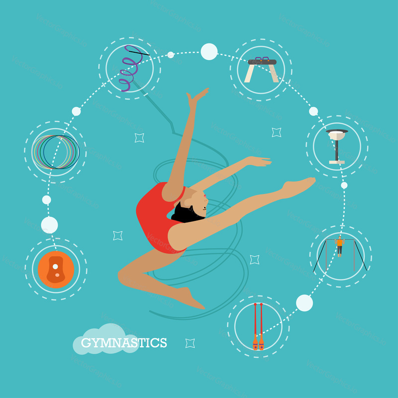 Vector concept illustration of rhythmic and artistic gymnastics. Design elements and icons in flat design. Female gymnast with sport equipment, hoop, clubs, ball, ribbon, pommel, chalk and bar