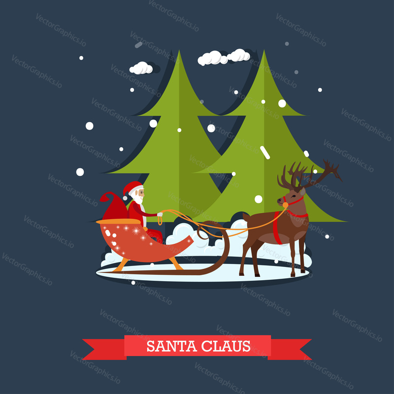Vector illustration of Santa Claus riding sleigh. It is snowing. Winter landscape. Cartoon characters. Merry Christmas and Happy New Year design element in flat style.