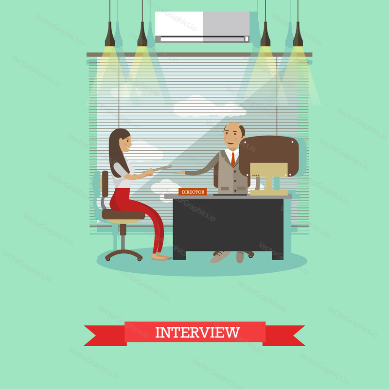 Job interview concept vector illustration in flat style. Manager, director holding interview with young woman candidate.
