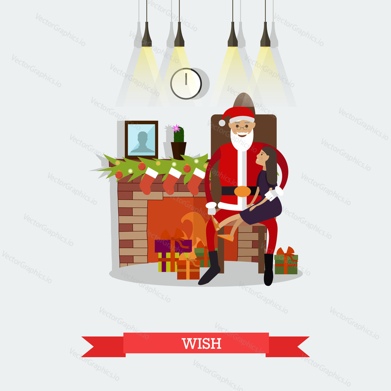 Vector illustration of Santa Claus with little girl sitting on his knees and asking him to fulfill her wish. Fireplace, festive gifts. Christmas time of miracles concept design element in flat style.