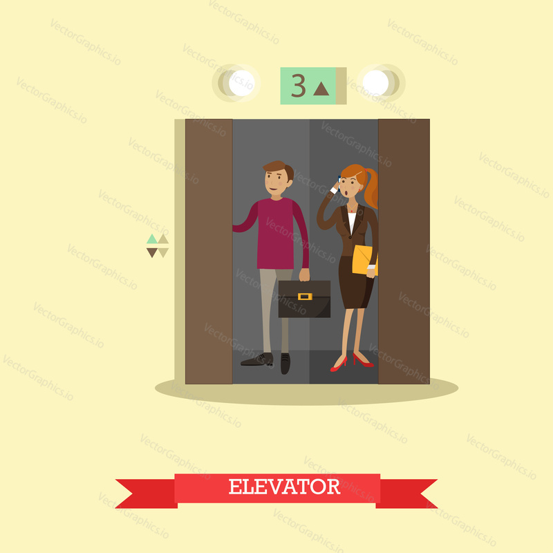 Vector illustration of business people in office building elevator. Flat style design.