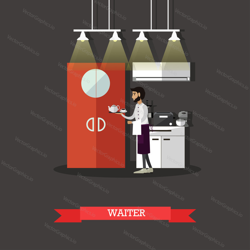 Waiter holds a tray with tea cup. Restaurant concept vector illustration in flat style design. Kitchen interior.