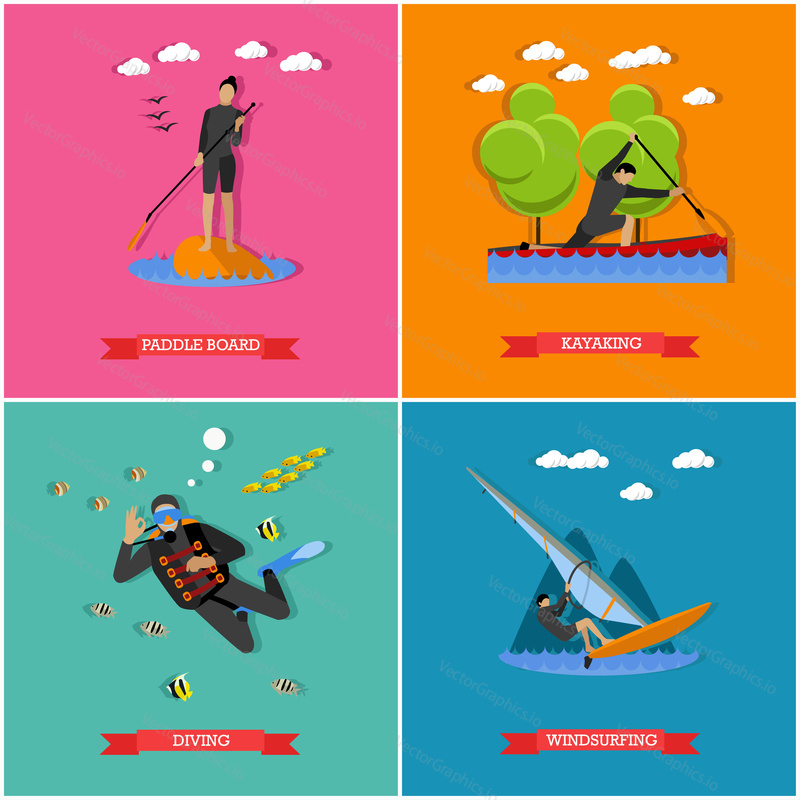 Vector set of water sports. Scuba diving, stand up paddle, kayaking and windsurfing. Summer activities, active lifestyle. Flat design