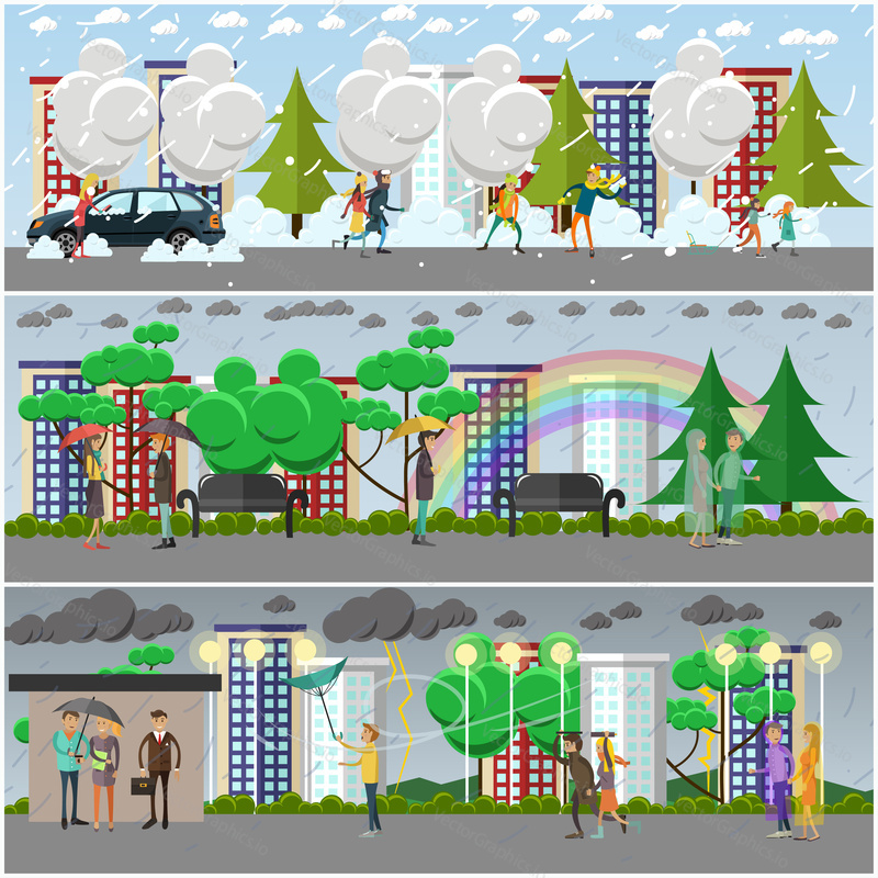 Vector set of rainy, windy, snowy weather concept posters, banners. People having a lot of fun in blizzard, walking in the rain and running away from storm, flat style design elements.