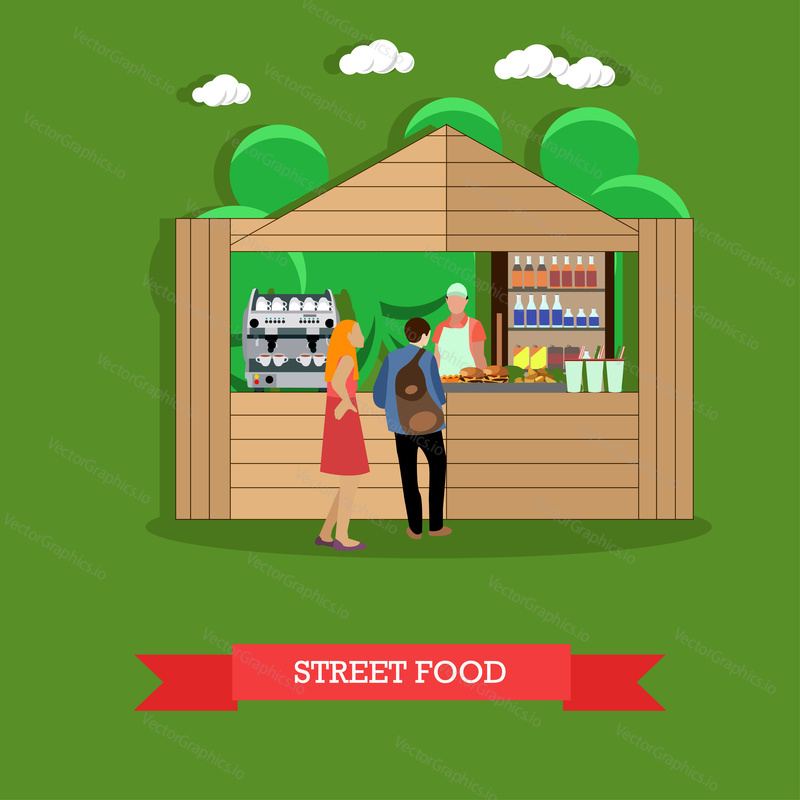 Street food concept vector illustration in flat style. Young man and woman standing near food stall in park.