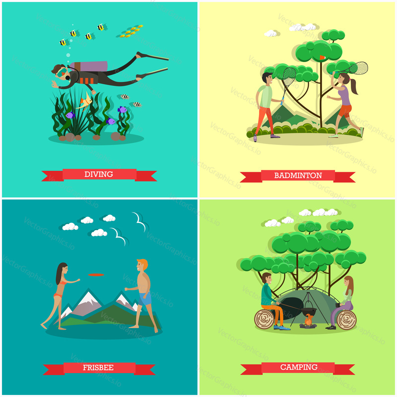Vector set of summer outdoor activities concept posters, banners. Diving, Badminton, Frisbee and Camping design elements in flat style.