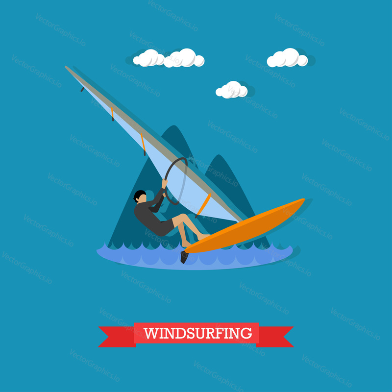 Man in wetsuit rushes on the board with sail. Windsurfing, water sport. Active lifestyle. Vector illustration in flat design