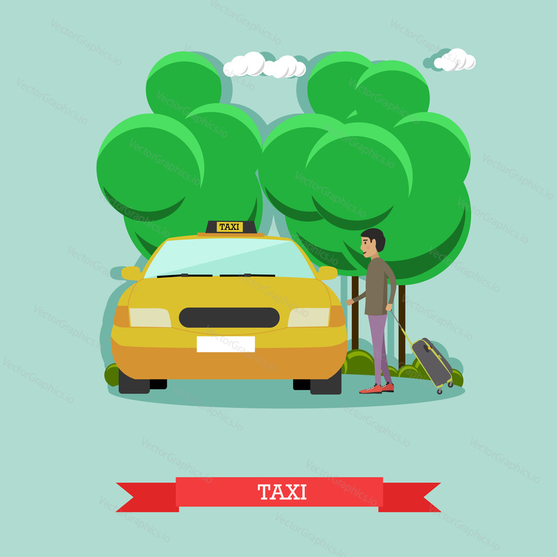 Vector illustration of taxi cab and passenger man standing near it. Airport taxi service concept design element in flat style.