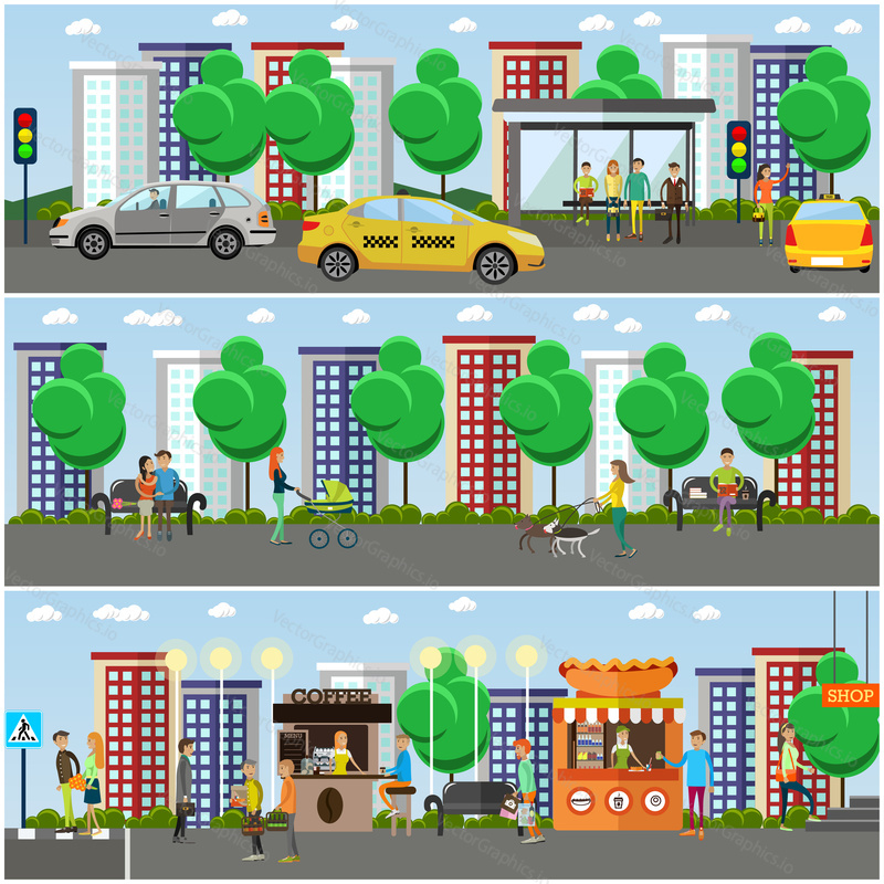 Vector set of street traffic concept design elements in flat style. People crossing street, hailing taxi, walking dogs, shopping walking with baby, waiting for bus.