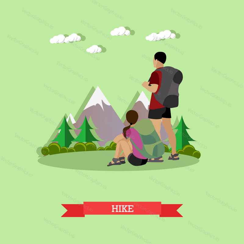 Couple hiking in mountains. Outdoor hike concept vector poster.