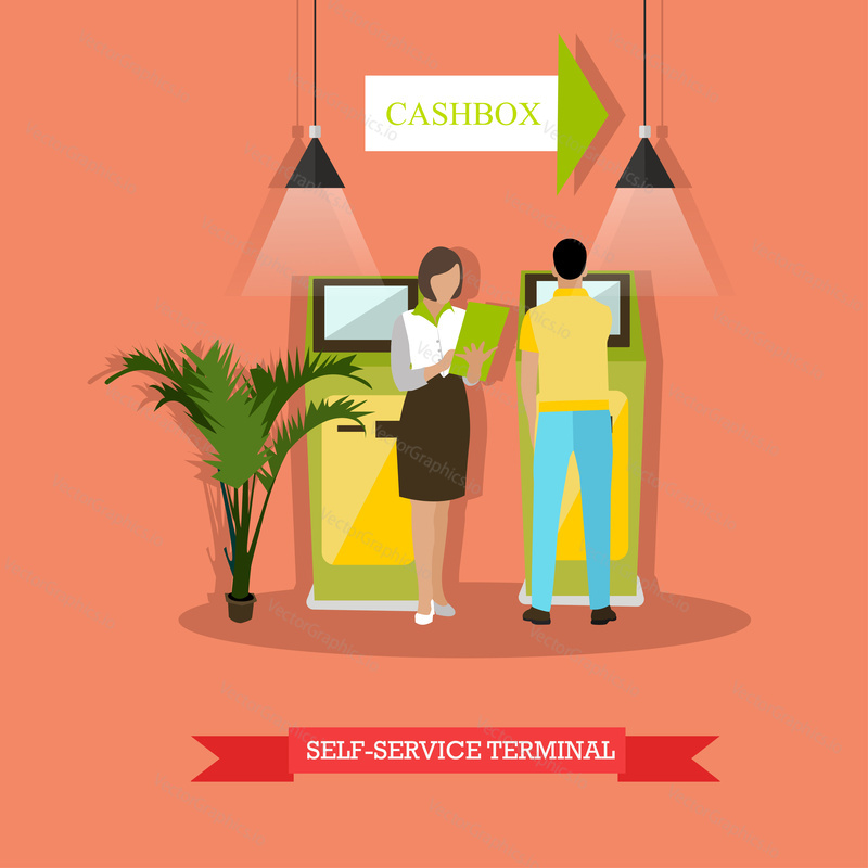 Vector illustration of people standing near self-service terminal. Man is carrying out operations with terminal, woman is holding dokuments. Banking and finance concept design element in flat style